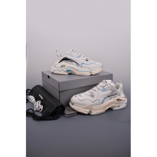 (Free Shipping)Balenciaga Triple S Sneaker White Blue Black