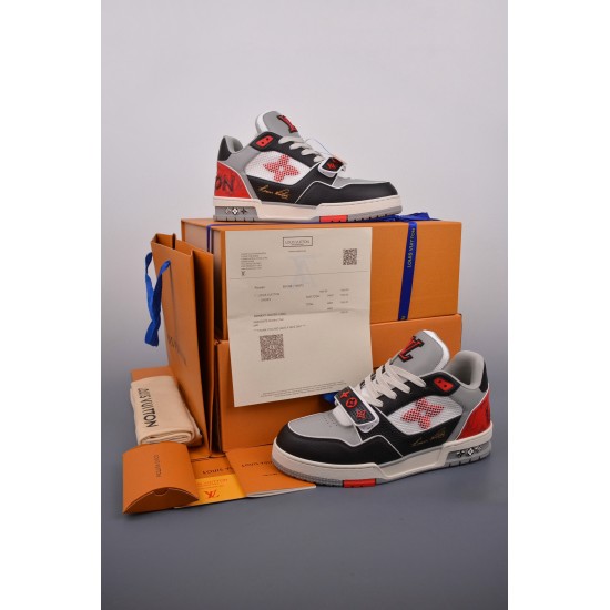 (Free Shipping)Louis Vuitton LV Trainer Red Grey Black