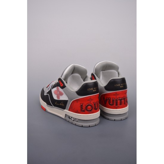 (Free Shipping)Louis Vuitton LV Trainer Red Grey Black