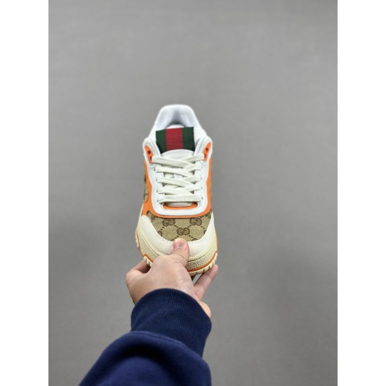 (Free Shipping)Gucci Re-Web Leather Sneakers Glod