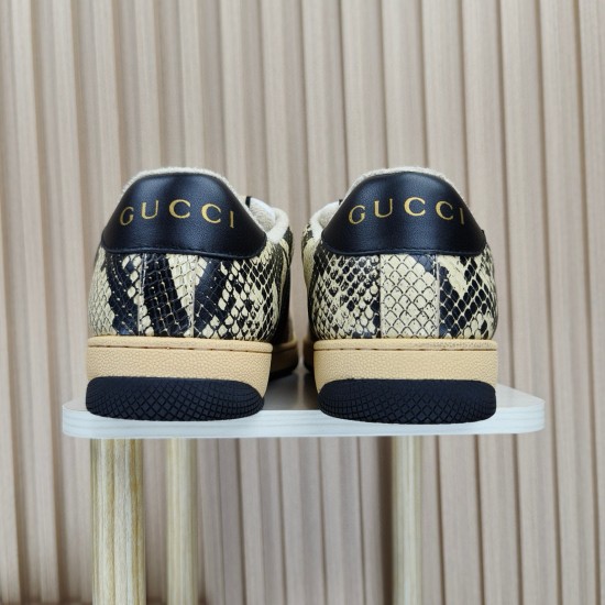 (Free Shipping)Gucci Screener Python-embossed Leather Sneakers 'Beige Black Brown'