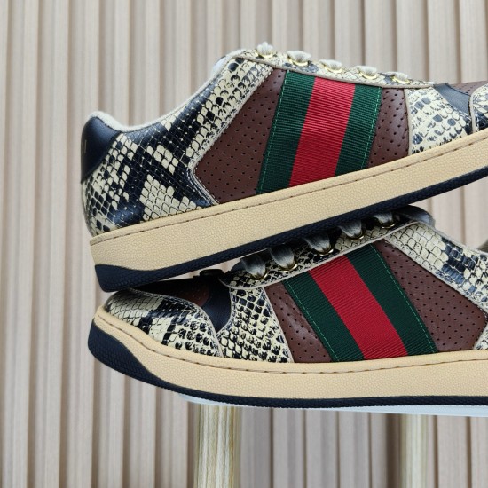 (Free Shipping)Gucci Screener Python-embossed Leather Sneakers 'Beige Black Brown'