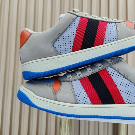 (Free Shipping)Gucci Screener GG Leather Sneakers 'Grey Blue Red'